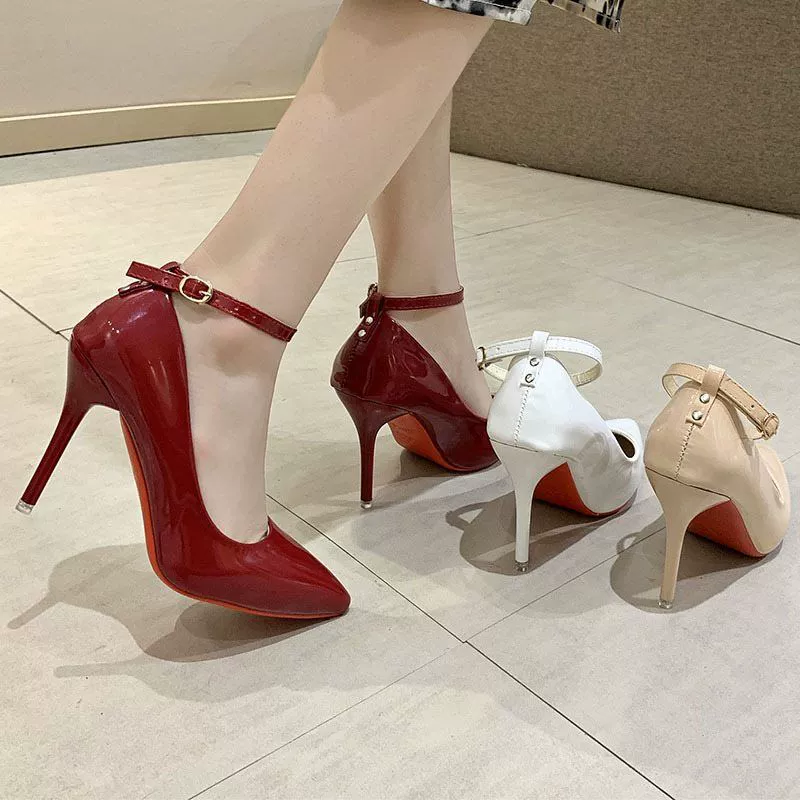 45 больших размеров женских туфель 23 весенне-летние новые лакированные туфли телесного цвета на высоком каблуке модные белые туфли с одной пряжкой и ремешком