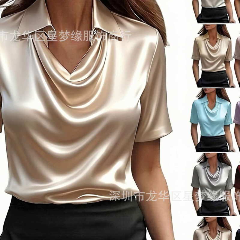 European and American Style Satin Tops and Shirts, New Women's Fashion for Amazon, Short-Sleeve Summer Shirts for Export European and American Style Satin Tops and Shirts, New Women's Fashion for Amazon, Short-Sleeve Summer Shirts for Export