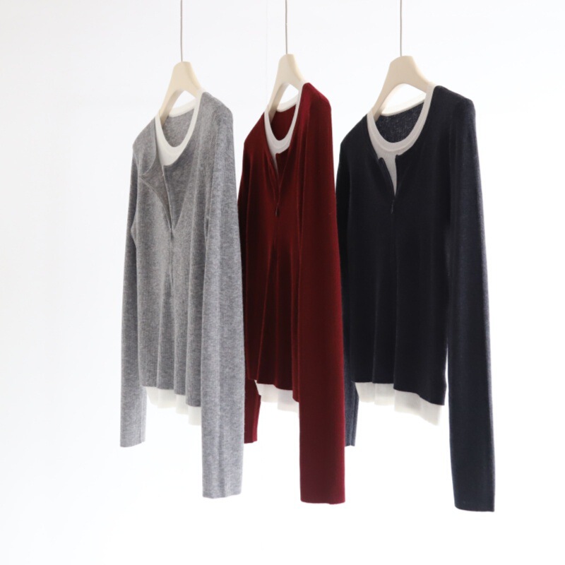 Fine Wool Blend Invisible Zipper Contrasting Fake Two-Piece Long-Sleeved Blended Knitted Top Women's Autumn and Winter New Bottoming Shirt
