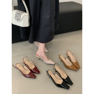 Patent Leather Naked Pink French Square Toe High Heel Toe Sandals Women's 2025 Spring and Summer New Thin Heel Rear Empty Shoes