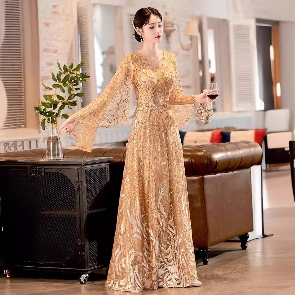 Golden evening dress women's high-grade elegant light luxury host dress art exam director performance dress sequined long