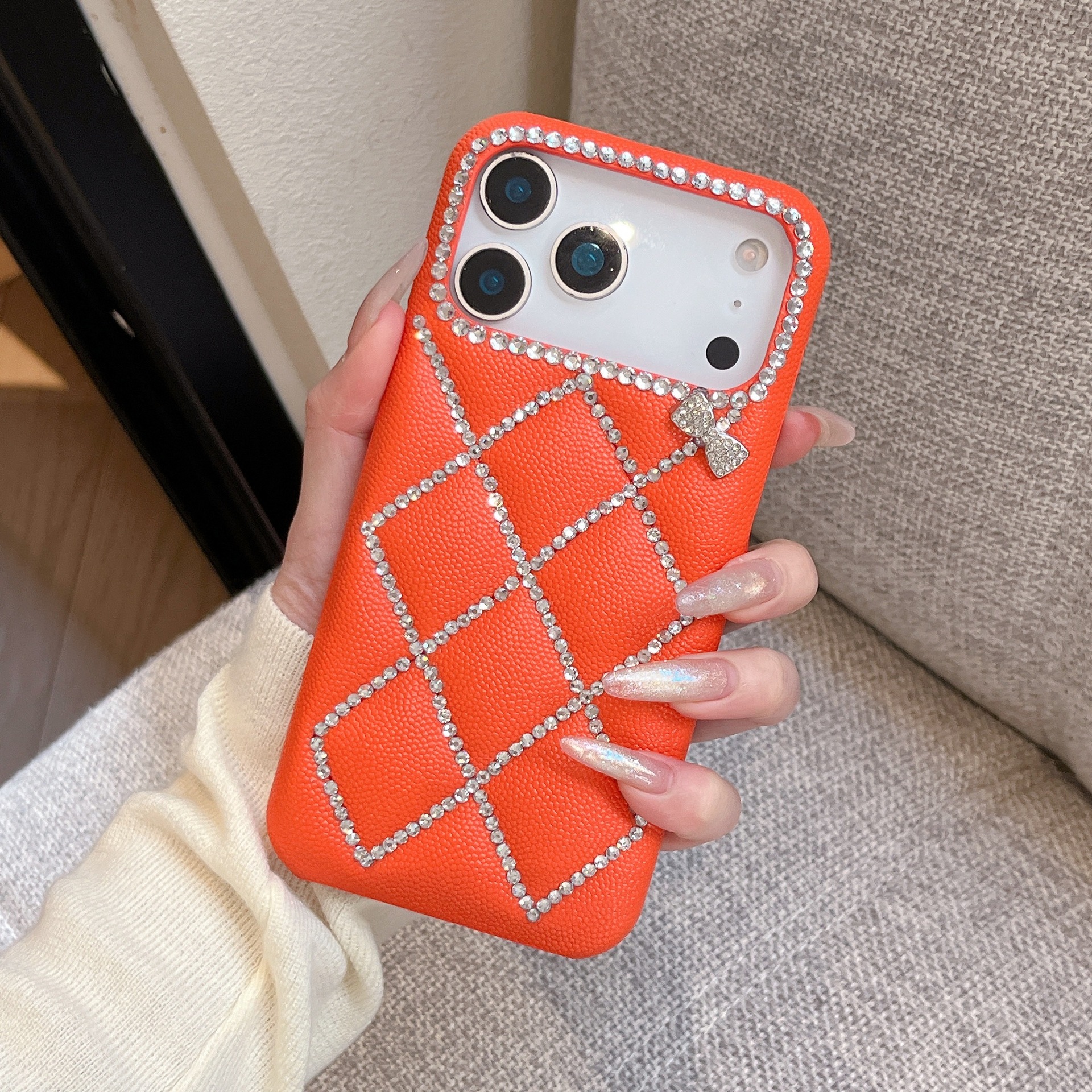 高级感皮纹网格线条钻蝴蝶结手机壳适用iPhone17ProMax防摔保护套