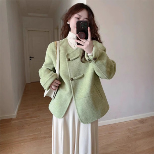 New Chinese Style National Style Green Button Coat Women's Autumn and Winter New Retro Loose Round Neck Short Double-Sided Wool Coat