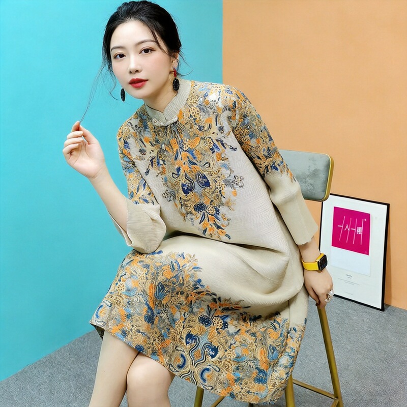 L996 [in Stock] Miyake Pleated Dress 2026 Spring/Summer Floral Qipao Flowing Dress Dance National Style