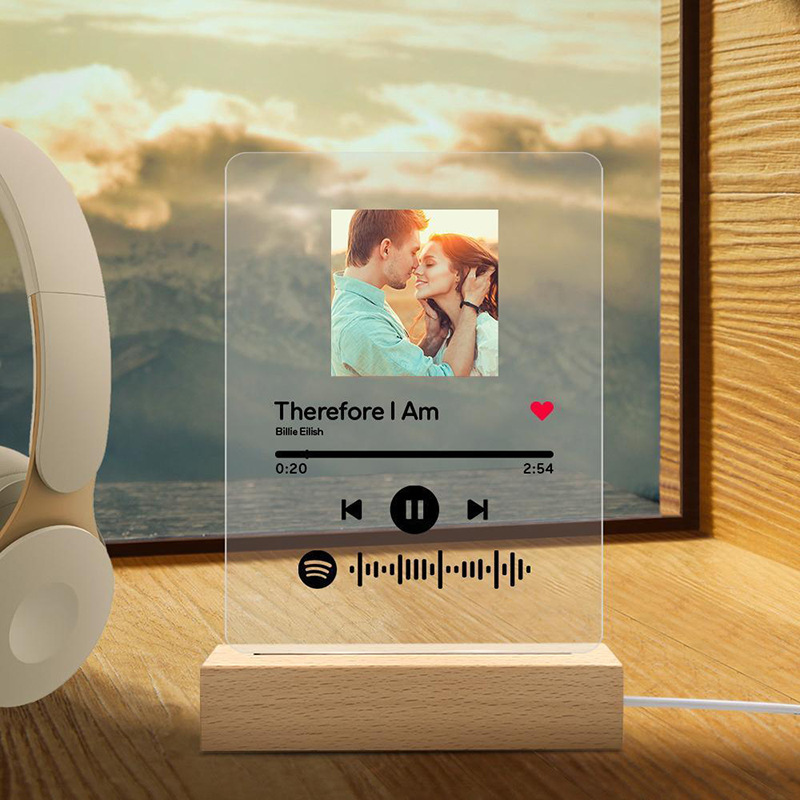 Photo Music Spotify Cover Night Light Engraved Name Song Photo Frame Wooden Base Acrylic Light Ceremony