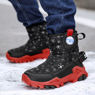 Children's Shoes Boy's Cotton Boots Children's fleece-lined Thickened Warm Cotton Shoes Waterproof Middle and Large Children's Boots Anti-Slip Snow Boots Fashionable