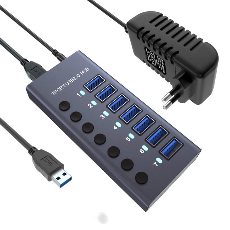 Aluminum Alloy Seven-Port Usb3.0 Hub 7-Port Hub Docking Station with Independent Switch High Current USB Splitter