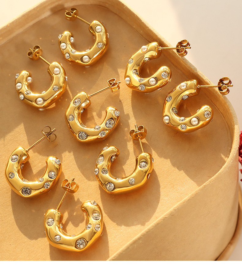 Imitation Pearl Zircon Minimalist C-type Spring Female Earrings Titanium Steel display picture 2