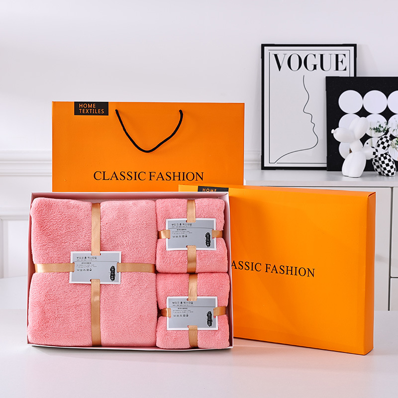 Large size wholesale gift box towel set for home use, coral fleece bath towel three-piece set, absorbent and soft, suitable for gifting