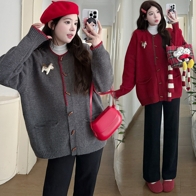 Korean Maternity Wear 2025 Autumn and Winter New Fashion Cartoon Design Sweater Jacket Bottoming Shirt Wide Leg Pants Suit Korean Maternity Wear 2025 Autumn and Winter New Fashion Cartoon Design Sweater Jacket Bottoming Shirt Wide Leg Pants Suit