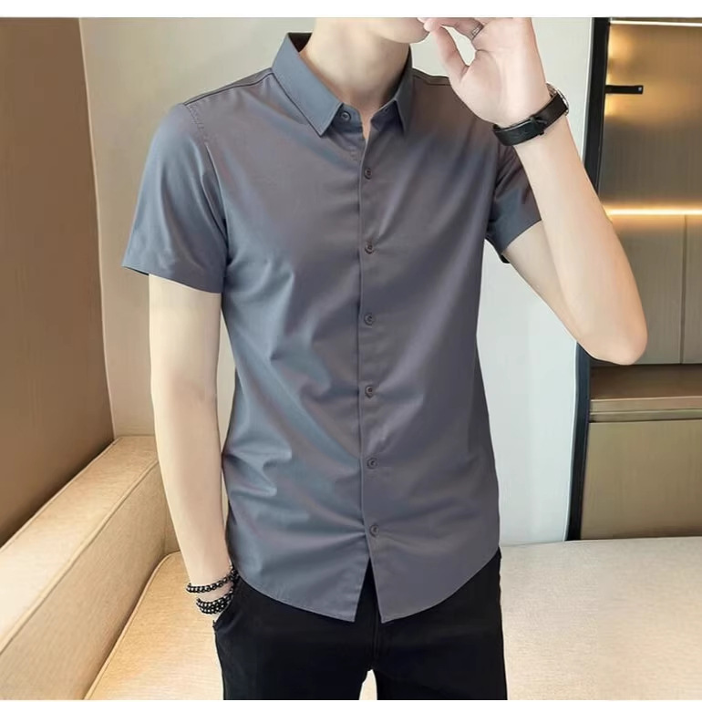 Live-Streamed Cross-Border Spring and Summer Stretch Short-Sleeve Shirts for Men, Wrinkle-Resistant, Non-Ironing, Solid Color, Casual Versatile Tops