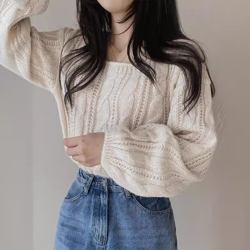 Coreano retro torcido cuello cuadrado hoodie de manga larga suéter de mujeres otoño y invierno nuevo suelto corto perezoso chaqueta de punto image 5