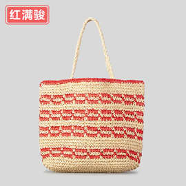 复古条纹手工编织女包森系撞色拼接草编包沙滩度假抽绳单肩包跨境
