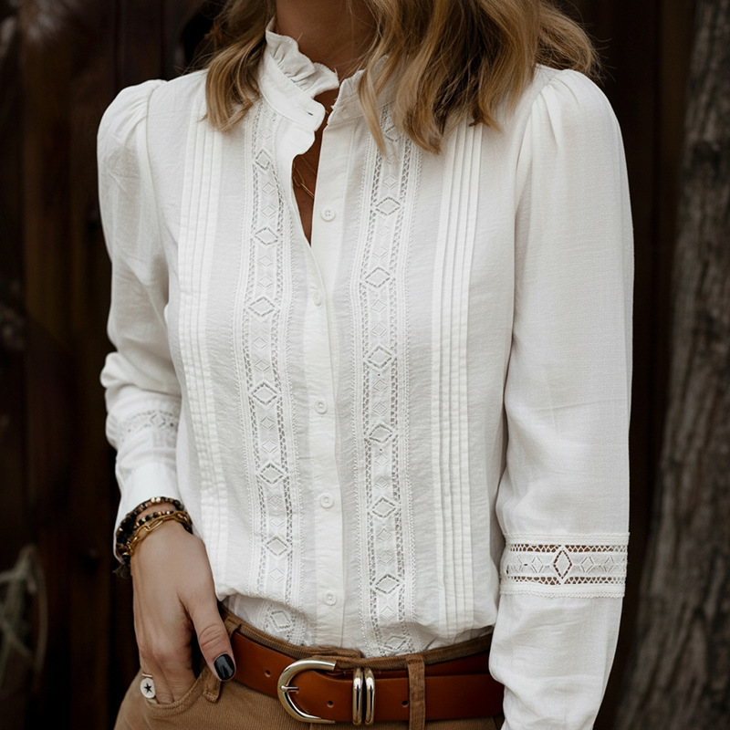 Amazon Cross-Border European and American New Style Commuter Style Splicing Lace Stand Collar Hollow Long-Sleeved White Shirt Women's Autumn