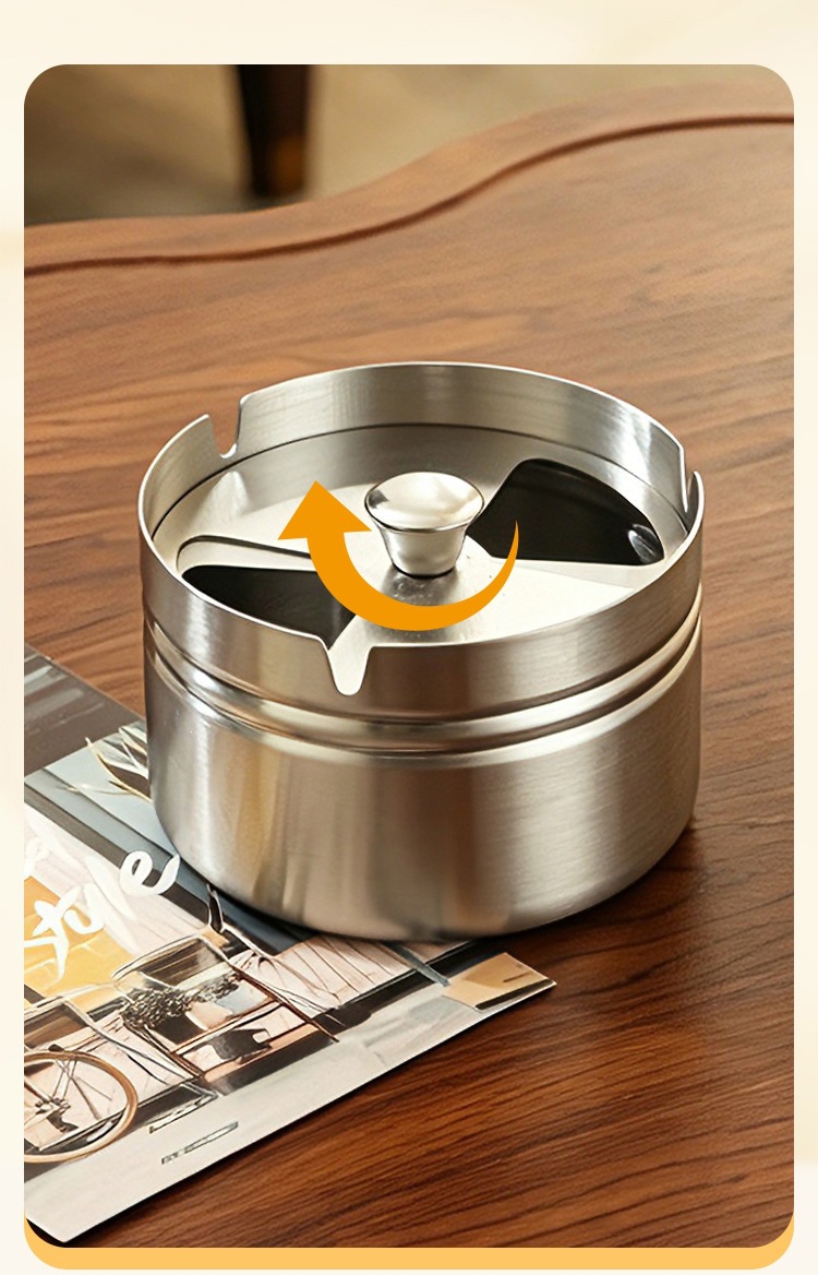 Thickened Ashtray with a High-End Feel, Stainless Steel, for Car and Home Use, with a Lid to Prevent Ash from Flying, Rotating Lid, Creative Large Size