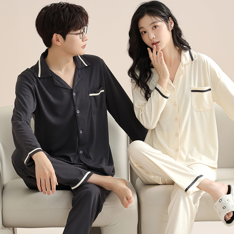 Primavera y otoño pareja pijamas mujeres otoño algodón hombres ropa para el hogar pantalones de manga larga traje cardigan frente hebilla solapa casual hogar