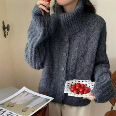 复古麻花高领毛衣外套女2025秋冬季加厚软糯慵懒风短款针织开衫女