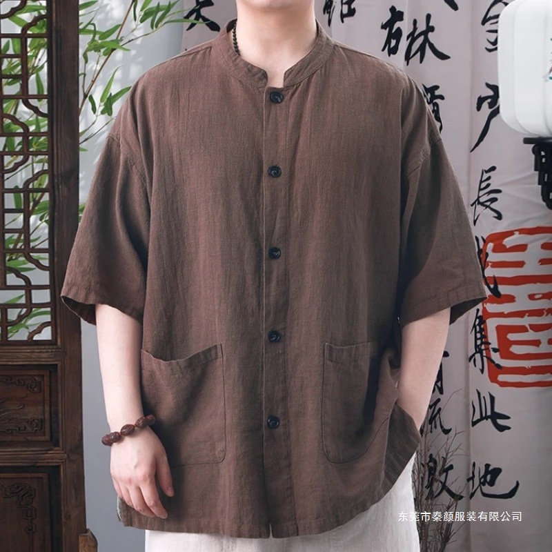 Men's New Summer Short-Sleeved Shirt, Casual, Simple, Loose and Versatile, Chinese-Style Retro Stand-Up Collar Men's Top