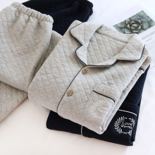 男士长裤空气层夹棉睡衣套装纯棉无印休闲长袖三层加厚家居服加绒