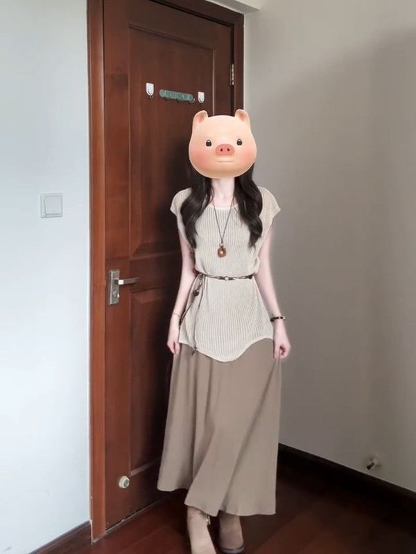 套装女夏新款纯色腰链针织镂空罩衫高腰显瘦百搭背心连衣裙两件套|undefined