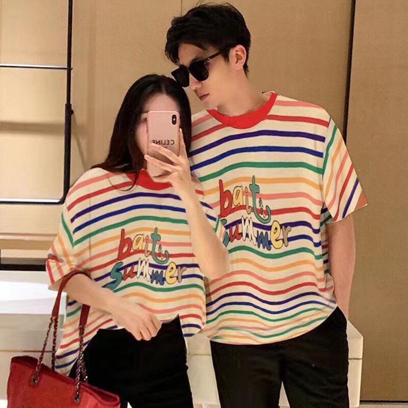 Desgaste de padres e hijos verano nueva camiseta de manga corta Arco Iris a rayas estilo occidental estilo de moda occidental de tres o cuatro bocas