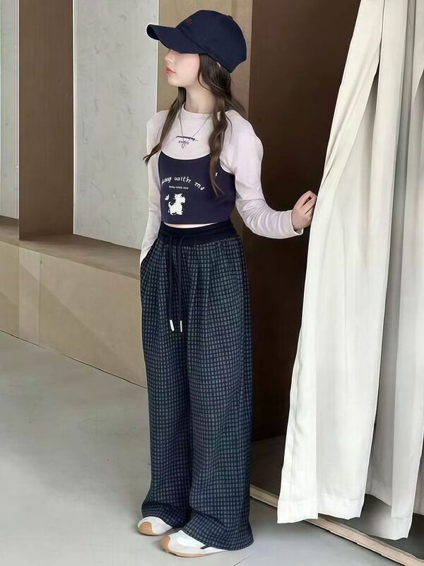 女童秋款方格阔腿裤儿童外穿格格打底裤子弯刀裤宝宝直筒休闲长裤|undefined