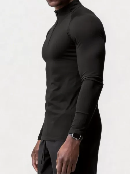 Cross-Border European and American Sports Fitness Tights for Men, Quick-Drying Half-Zip Solid Color Workout High-Elastic Compression Long-Sleeved Tops