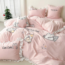 1卡通风可爱猫咪少女心全棉水洗棉四件套纯棉公主风被套儿童三件