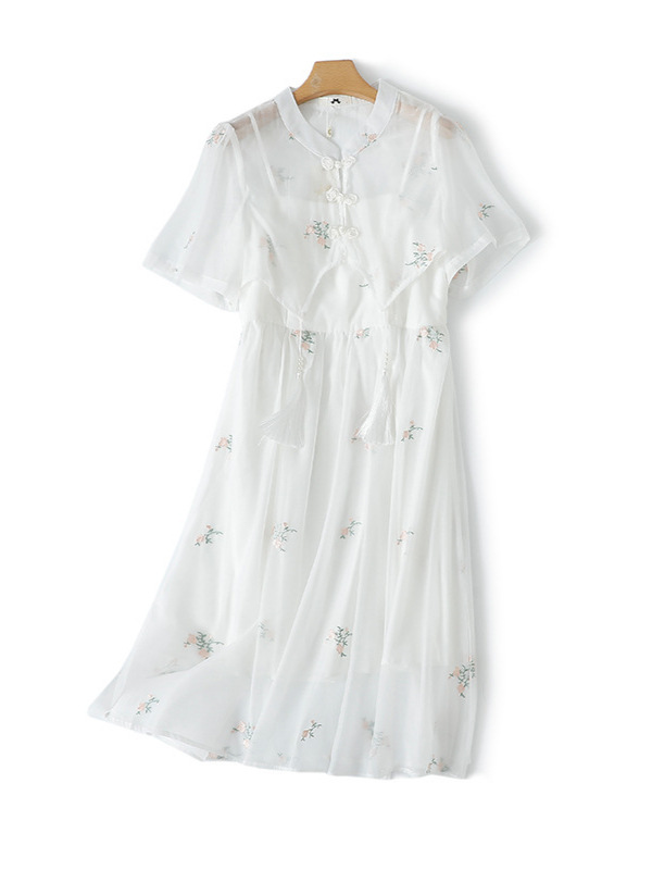 120-300 Plus Size Women's National Style Two-Piece Dress 2025 Spring and Summer New Han Dynasty Embroidered Flower Fake Collar