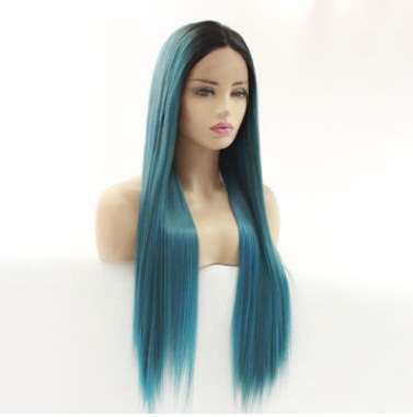 Comercio exterior exportación de fibra química europea y americana pelucca de encaje mitad gancho de mano cubierta de cabeza corta mezcla azul cabello largo recto LW0042