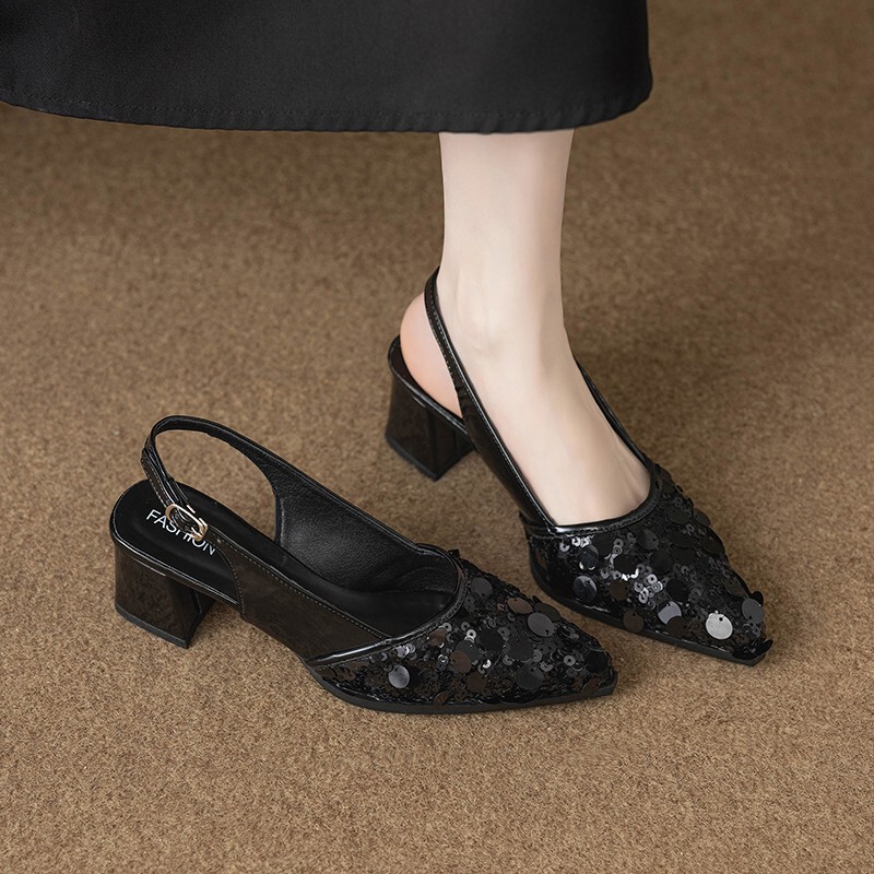 High-End Sequined Pointed-Toe Fashionable and Elegant High-Heeled Silver Single Shoes for Women, Summer 2026, Suitable for Pairing with Dresses, Closed-Toe Sandals