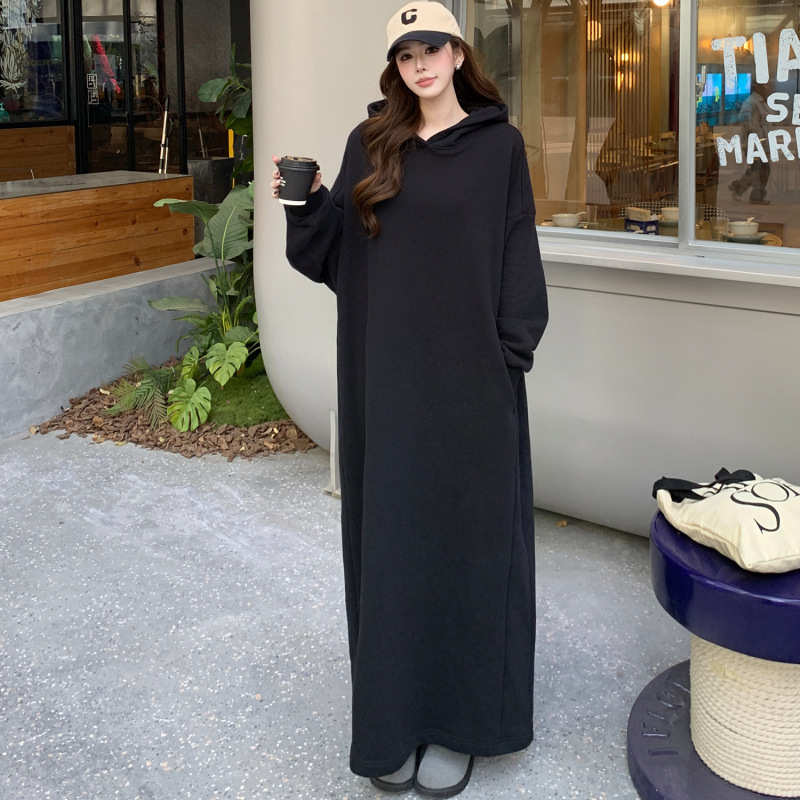 60407 # Actual Shot of the New 2025 Autumn and Winter Black Loose-Fitting Slimming Sweatshirt Dress with Witch Hat, Fleece-Lined and Thickened, Extra-Long Skirt 60407 # Actual Shot of the New 2025 Autumn and Winter Black Loose-Fitting Slimming Sweatshirt Dress with Witch Hat, Fleece-Lined and Thickened, Extra-Long Skirt