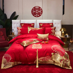 Long-Staple Cotton 120-Count Wedding Four-Piece Set with Red Embroidered Dragon and Phoenix Wedding Dowry Six-Piece Set Chinese Style Accessible Luxury Cotton