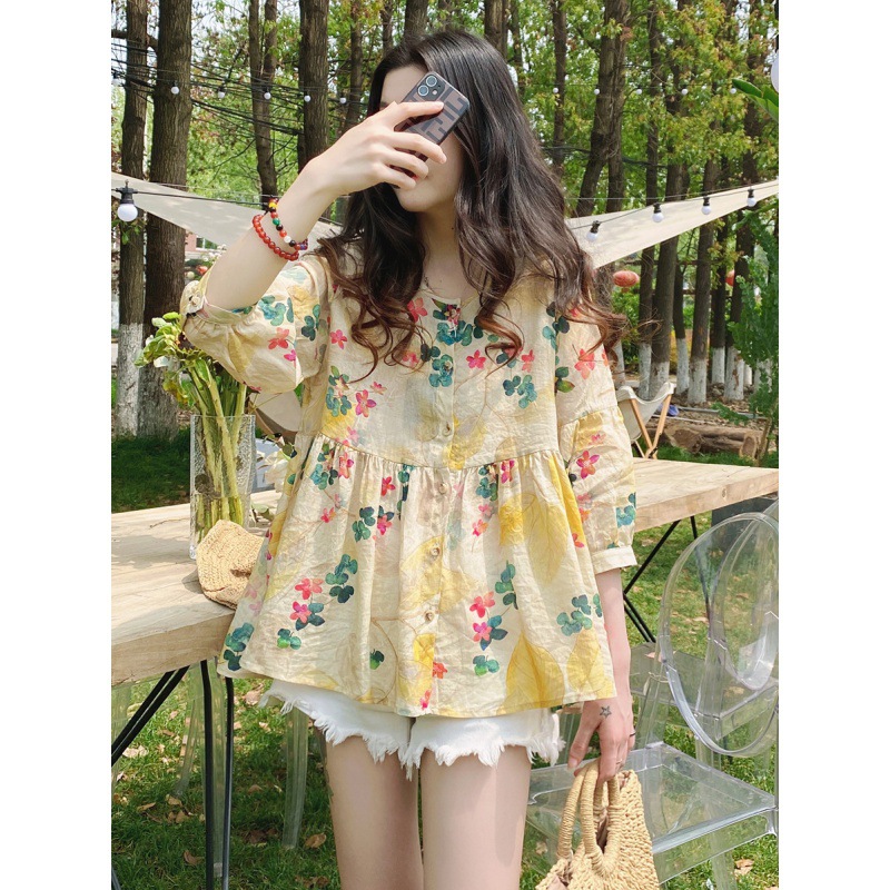 娃娃衫上衣韩版宽松通勤甜美洋气碎花高端苎麻蓬蓬小衫中袖衬_1