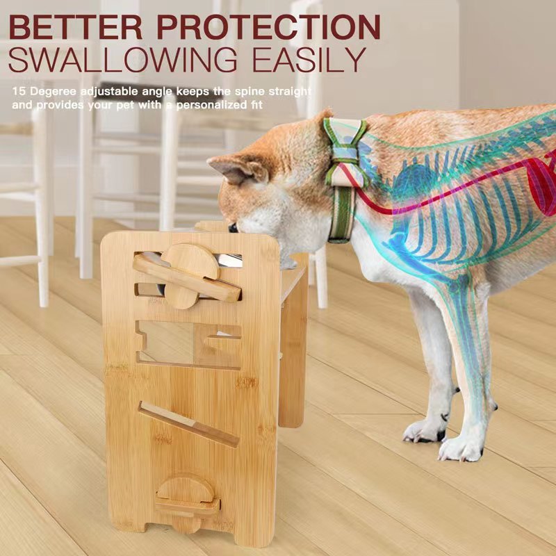 Amazon Simple Pet Dog Bowl Rack de comida para perros de bambú y madera Rack de tazón de mesa de comedor para perros de doble tazón de madera ajustable