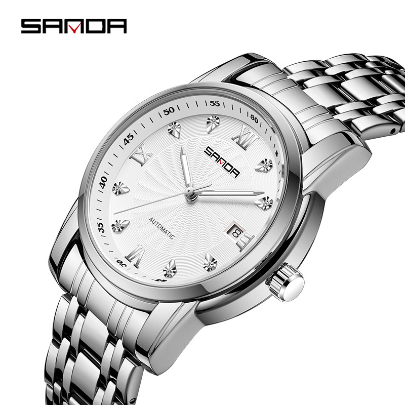Sanda 7007 correa de acero para hombre reloj mecánico automático transparente inferior rhinestone moda manual reloj mecánico