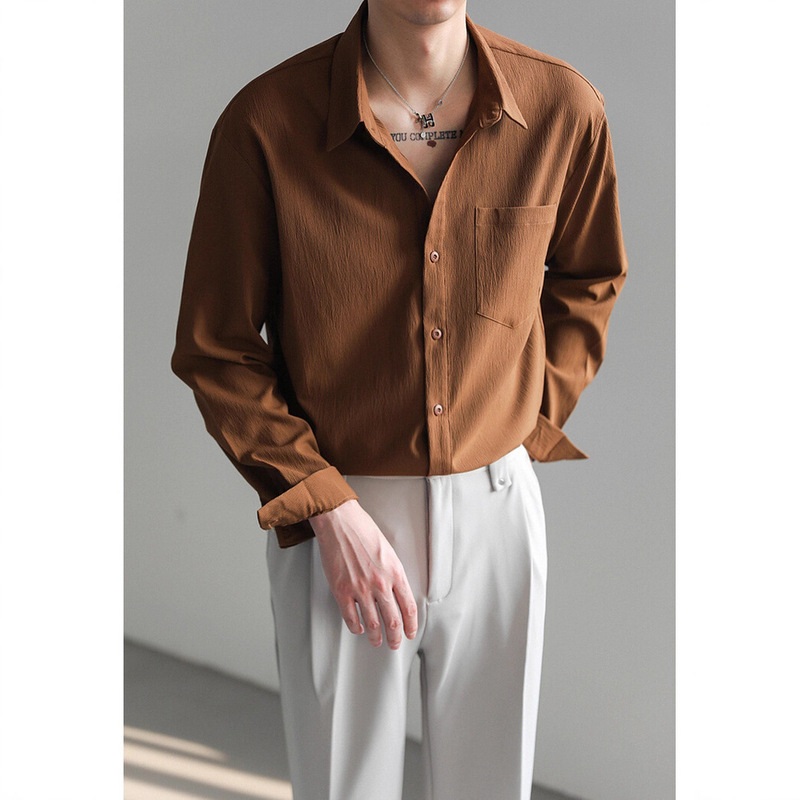Trendy Korean-Style Handsome Long-Sleeve Shirt for Men, Loose Casual Wrinkle-Free Wrinkle-Resistant Spring Top