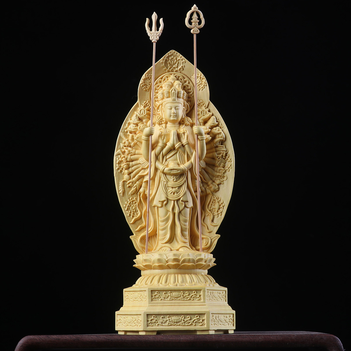 黄杨木雕刻站千手观音佛像摆件 观世音背刻心经人物客厅家居供奉