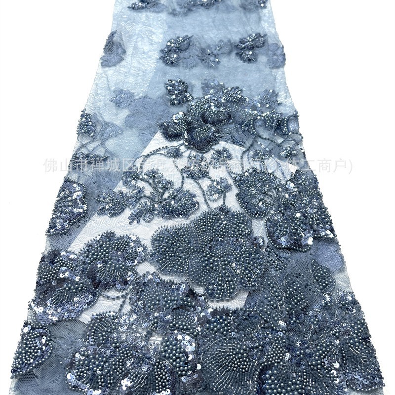Fábrica directa tela bordada de encaje flor tridimensional tubo bordado vestido de boda vestido de moda tela de vestido