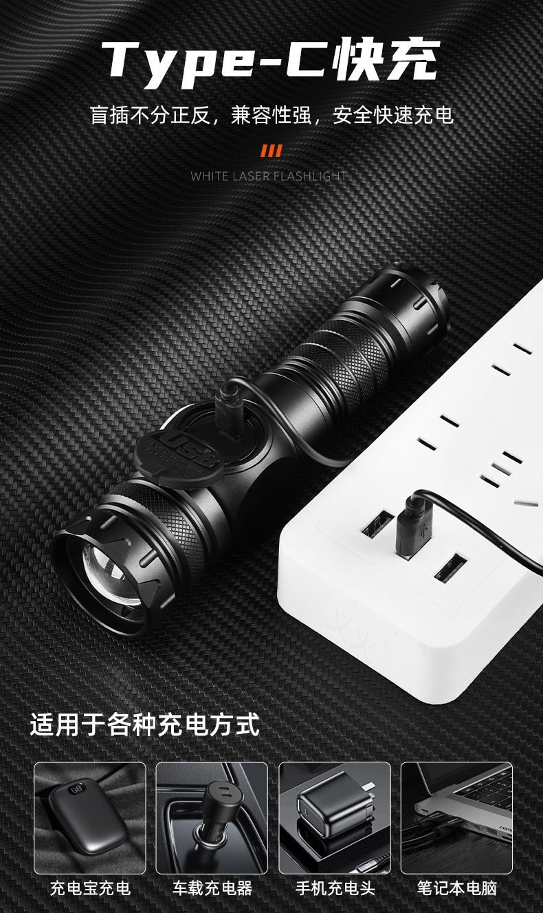 New Magnetic Strong Light Flashlight with Smart Digital Display, White Laser Flashlight, Side Light, Outdoor Emergency Repair Work Light