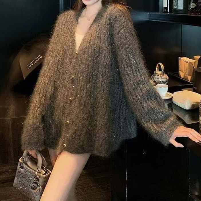 慵懒风女冬季设计针织新款女上衣金丝套头氛围感百搭毛衣开衫外套|undefined