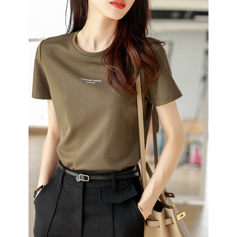 2023 Summer New Forest Green Solid Color Round Neck Simple Loose Letter Slimming Short Sleeve T-shirt Women Live