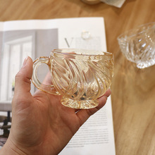 法式琥珀色浮雕玻璃杯复古带把ins风小水杯咖啡杯奶茶杯饮料杯子