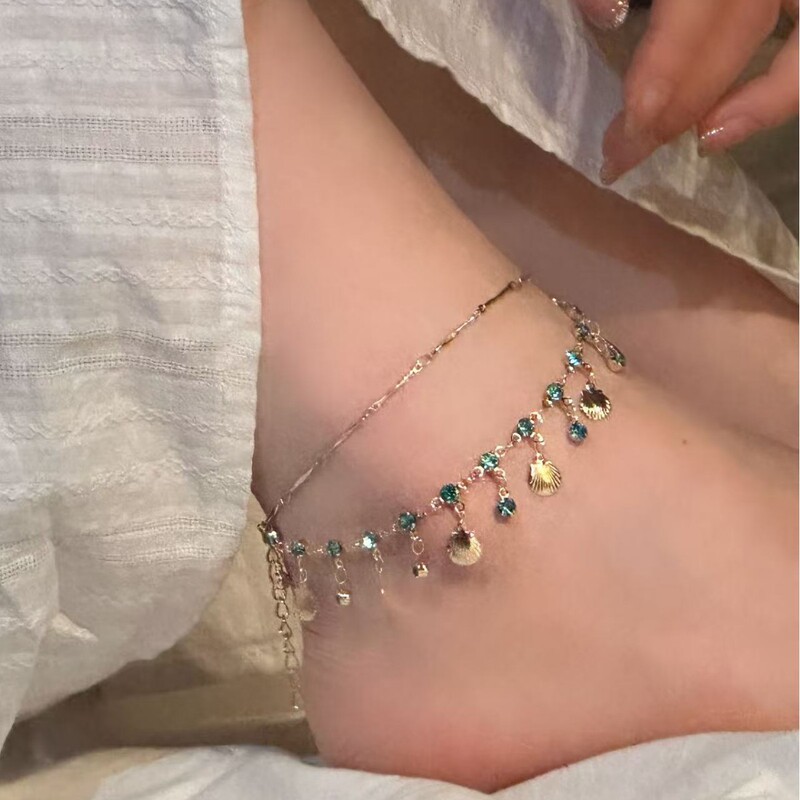 Blue Love Super Flash Double-layer Shell Shells for Women's Summer Sense Overlapping Clavicle Chain Tassel Neckchain Delicate Foot Chain