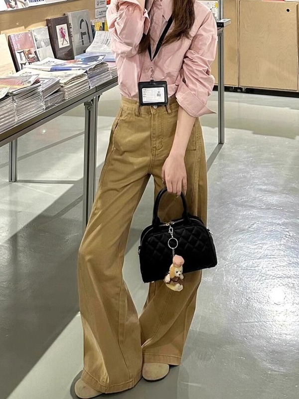 美式卡其色阔腿弯刀牛仔裤女夏季新款设计感宽松显瘦直筒休闲裤子|undefined