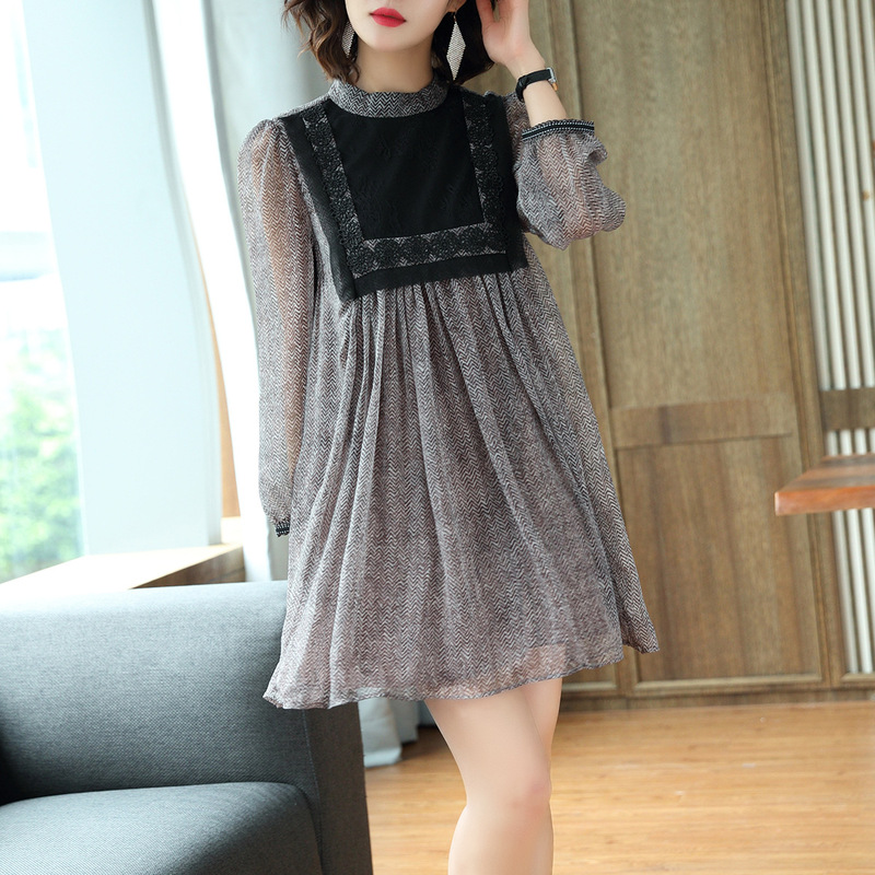 2026 Spring New Style Loose Slimming Petite Long Sleeve Versatile Dress Women's Round Neck High Waist Chiffon Dress