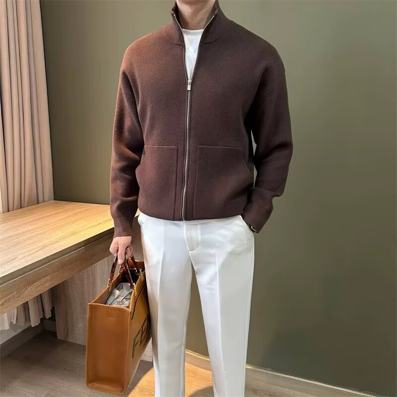 Knitted Cardigan Jacket Men's Sweater Men's Style 2025 Autumn and Winter Trendy Brand with Side Pockets Stand Collar Casual Jacket for Men
