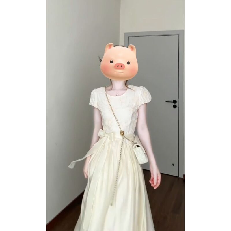 French Gentle Tea Style Puff Sleeve Dress for Women, Small Fragrant Bow Waist Long Skirt French Gentle Tea Style Puff Sleeve Dress for Women, Small Fragrant Bow Waist Long Skirt