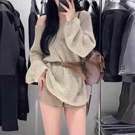 慵懒chic镂空毛衣女秋季2024新款高级感宽松显瘦针织上衣配腰带