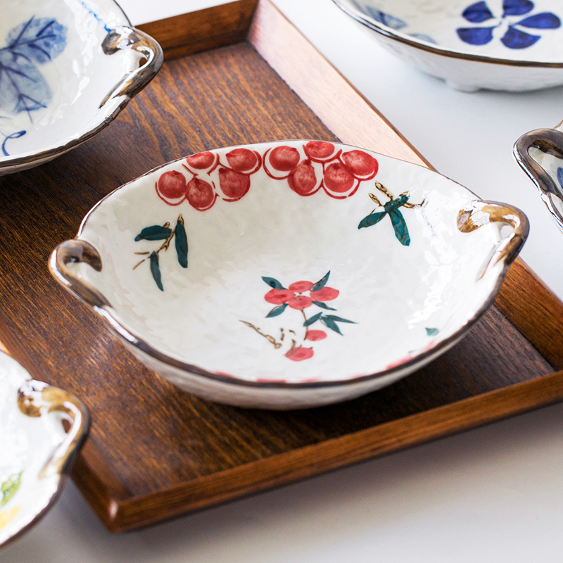 Japanese Imported Mino Ware Hand-Painted Vintage Double-Handle Dish, Distressed Japanese-Style Curry Rice Plate, Fruit Plate, Dessert Plate Japanese Imported Mino Ware Hand-Painted Vintage Double-Handle Dish, Distressed Japanese-Style Curry Rice Plate, Fruit Plate, Dessert Plate
